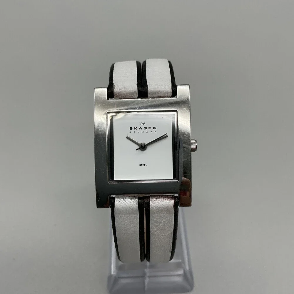 Skagen 228SSLW/8 Womens Watch 25mm White Dial Leather Stainless New Battery